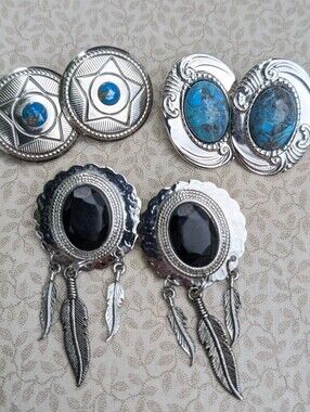 Western Concho Earring Lot with Turquoise & Black Stones Vintage